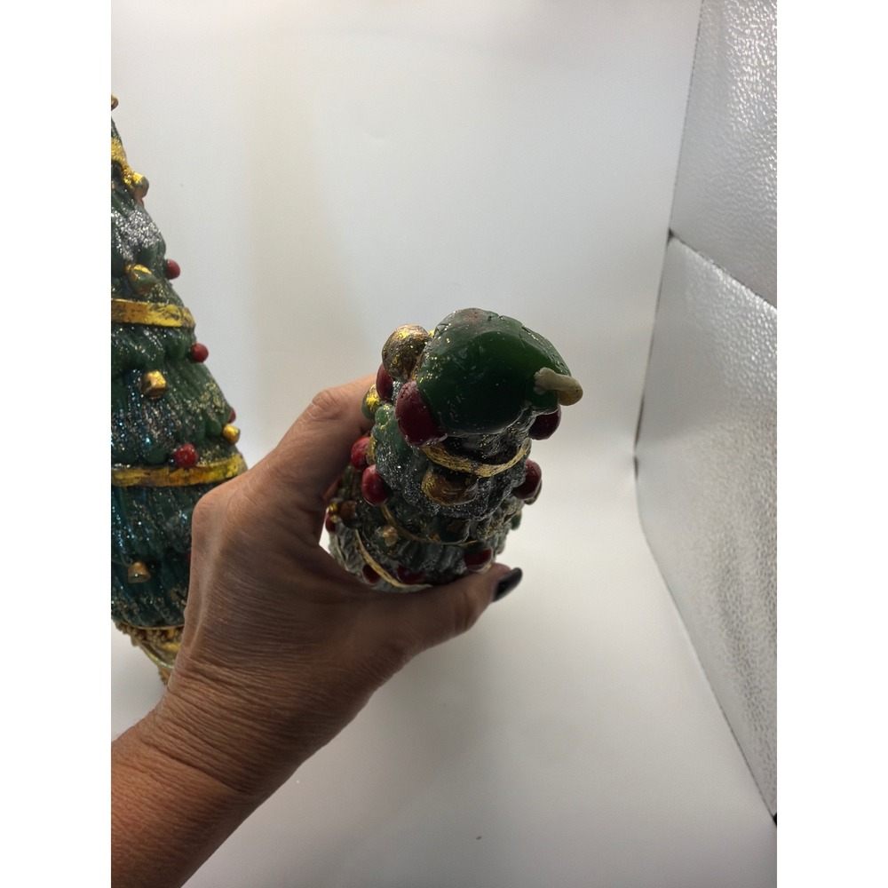 Department 56 Christmas Tree Pillar Candles Gold Base Glitter Set of 2 Green 12" - Picture 3 of 7